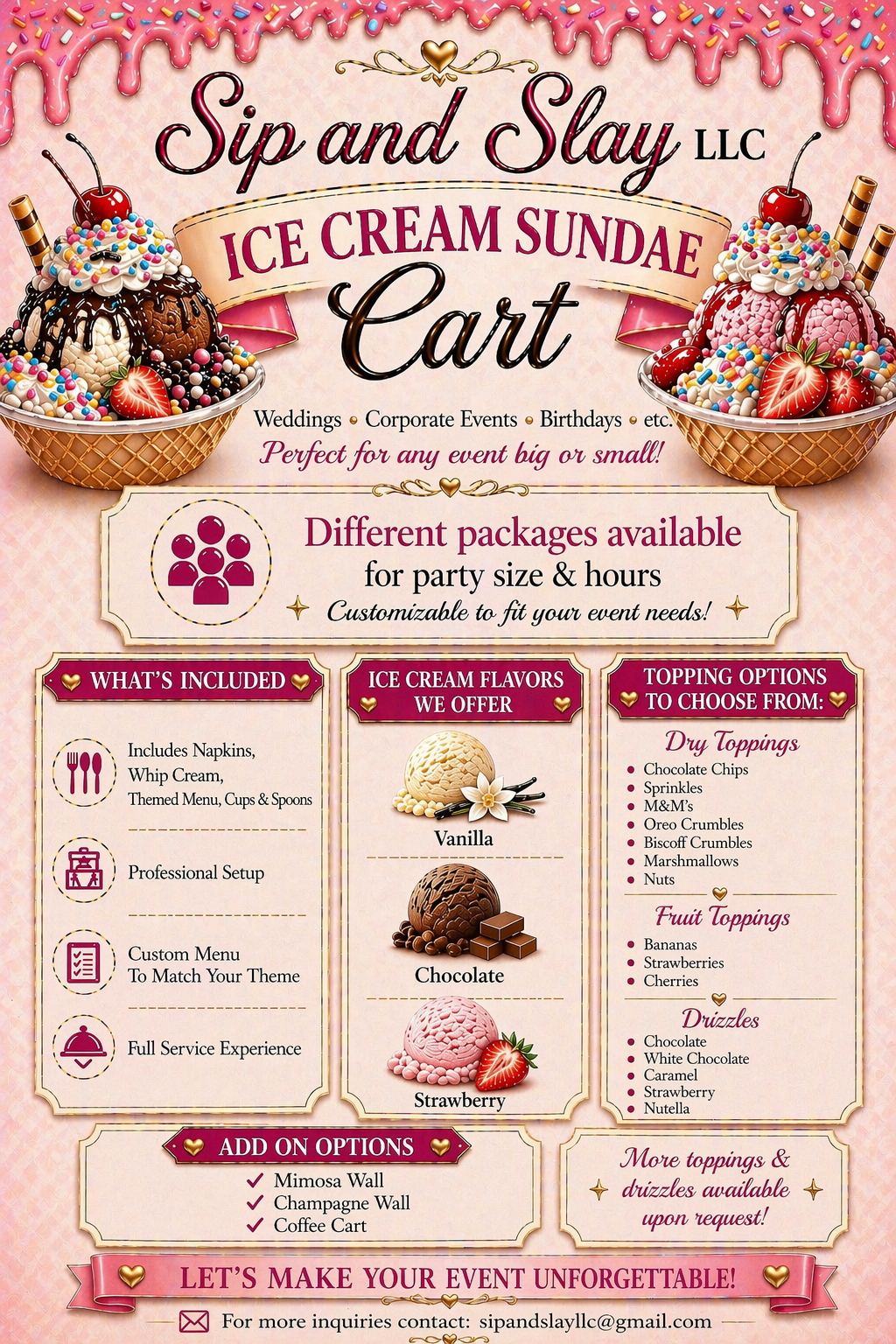 Ice Cream Sundae Cart — flavors, toppings, drizzles, and add-ons